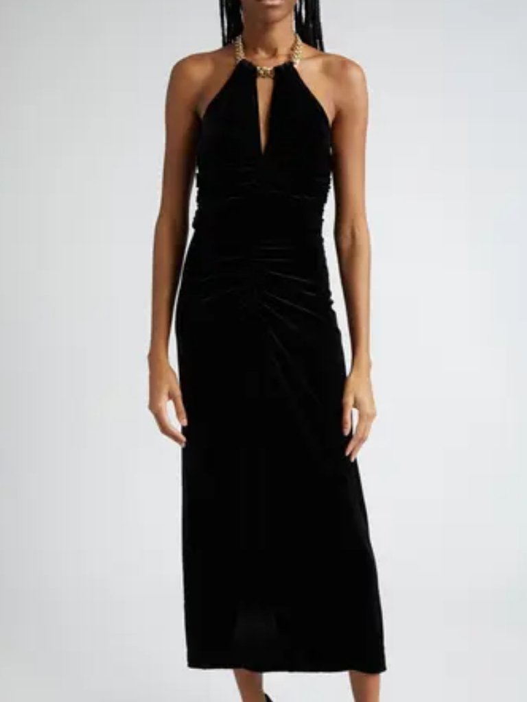 Veronica Beard Black Velvet Gold-Tone Halter Josette Dress